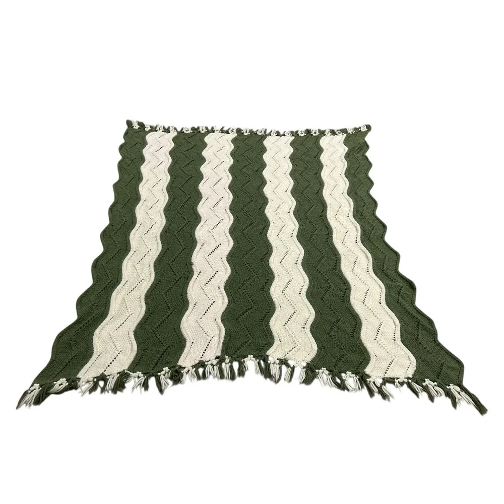 Vintage Handmade Crochet Afghan Blanket Green White 63L 56W Chevron Granny Throw